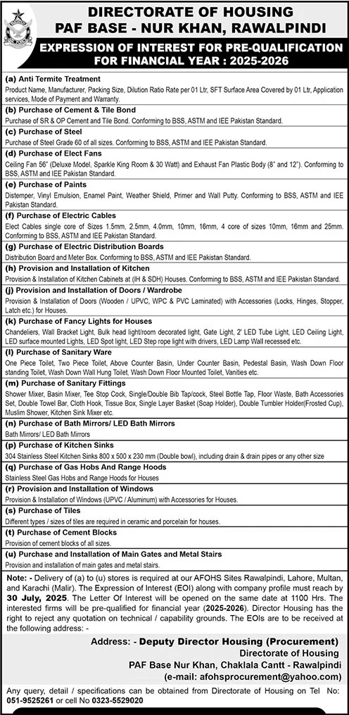 PAF Base Rawalpindi Tender Notice